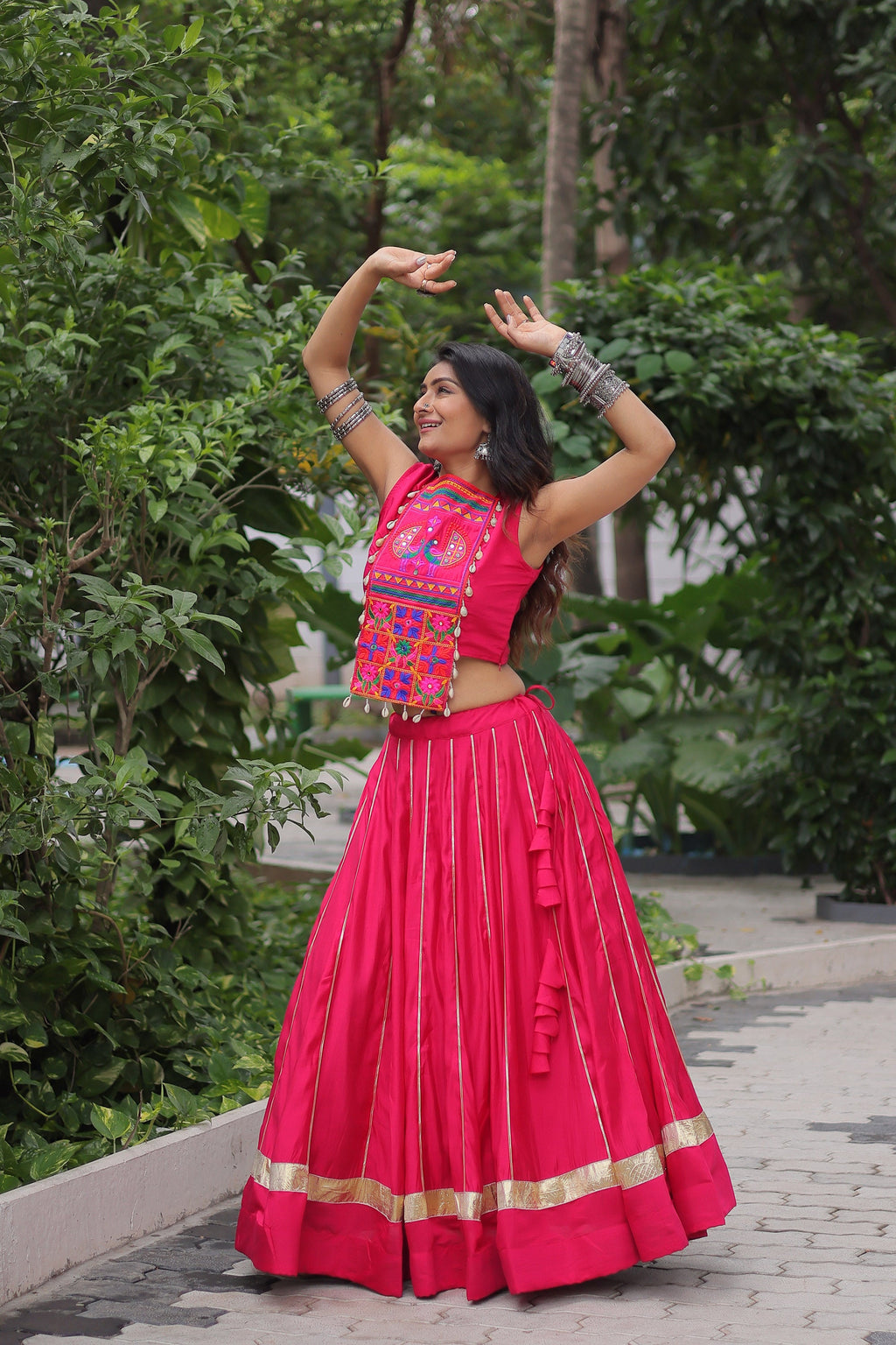 Lorenvalley Fashion Pink Roman Silk with Attractive Gota-Patti Lace Lehenga Choli | Grocsy