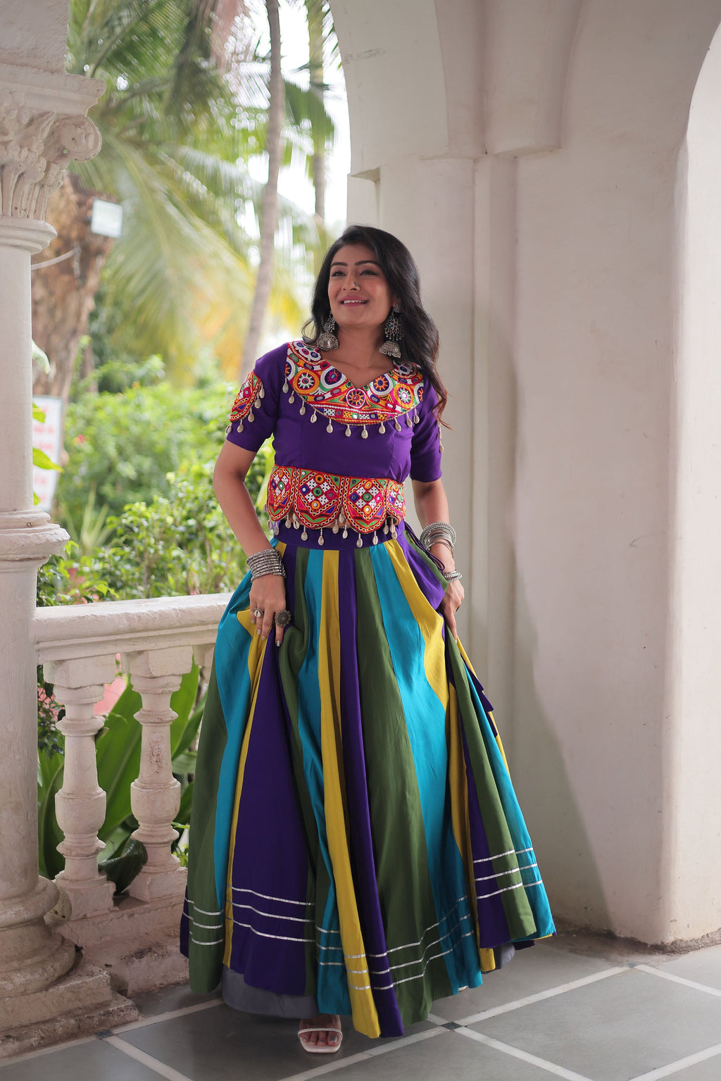 Lorenvalley Fashion Multicolor Roman Silk with Attractive Colour Combination Roman Fabric Gota Lace work Lehenga Choli | Grocsy