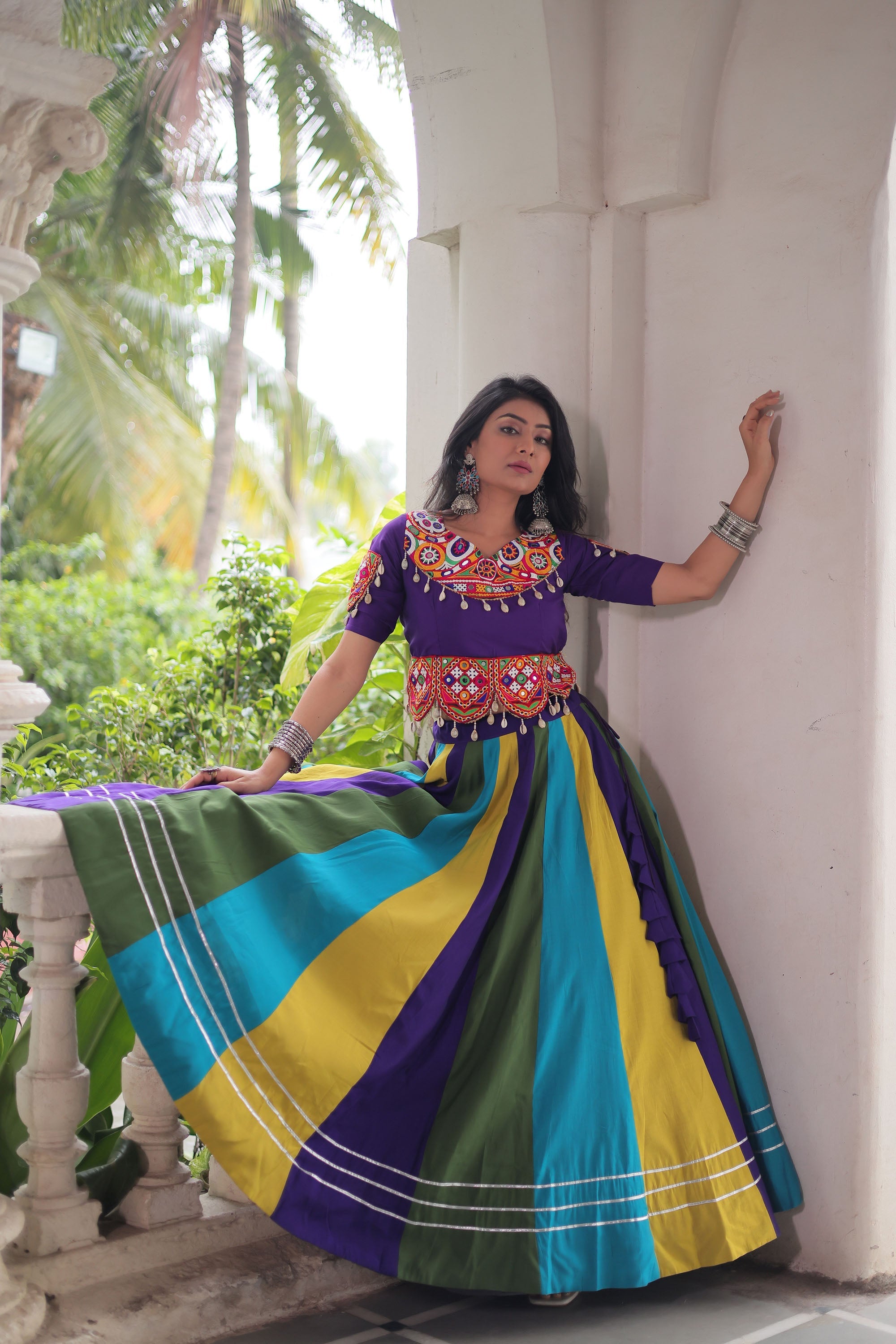 Lorenvalley Fashion Multicolor Roman Silk with Attractive Colour Combination Roman Fabric Gota Lace work Lehenga Choli | Grocsy