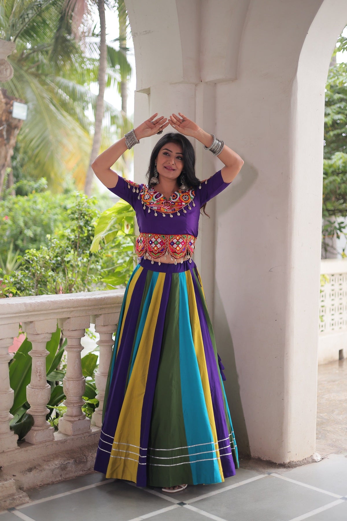 Prazu Fashion Violet Roman With Gamthi Embroidered Lehenga For Navratri | Grocsy