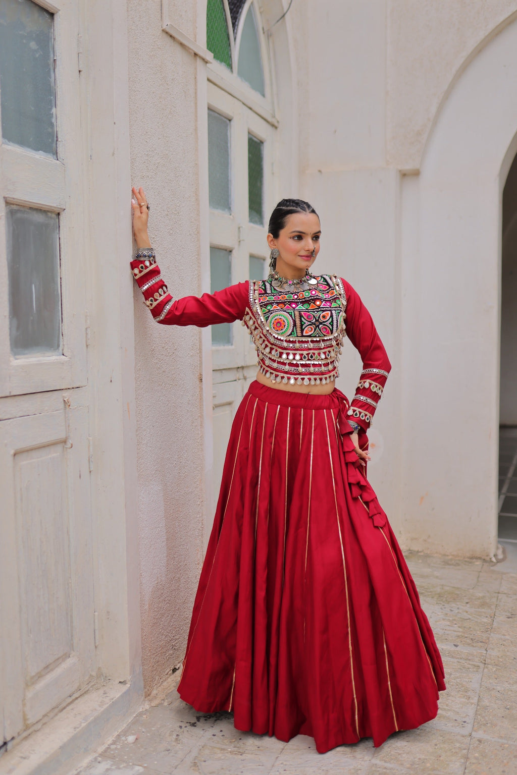 Prazu Fashion Maroon Roman Kutchi Gamthi Embroidered Work Lehenga For Navratri | Grocsy