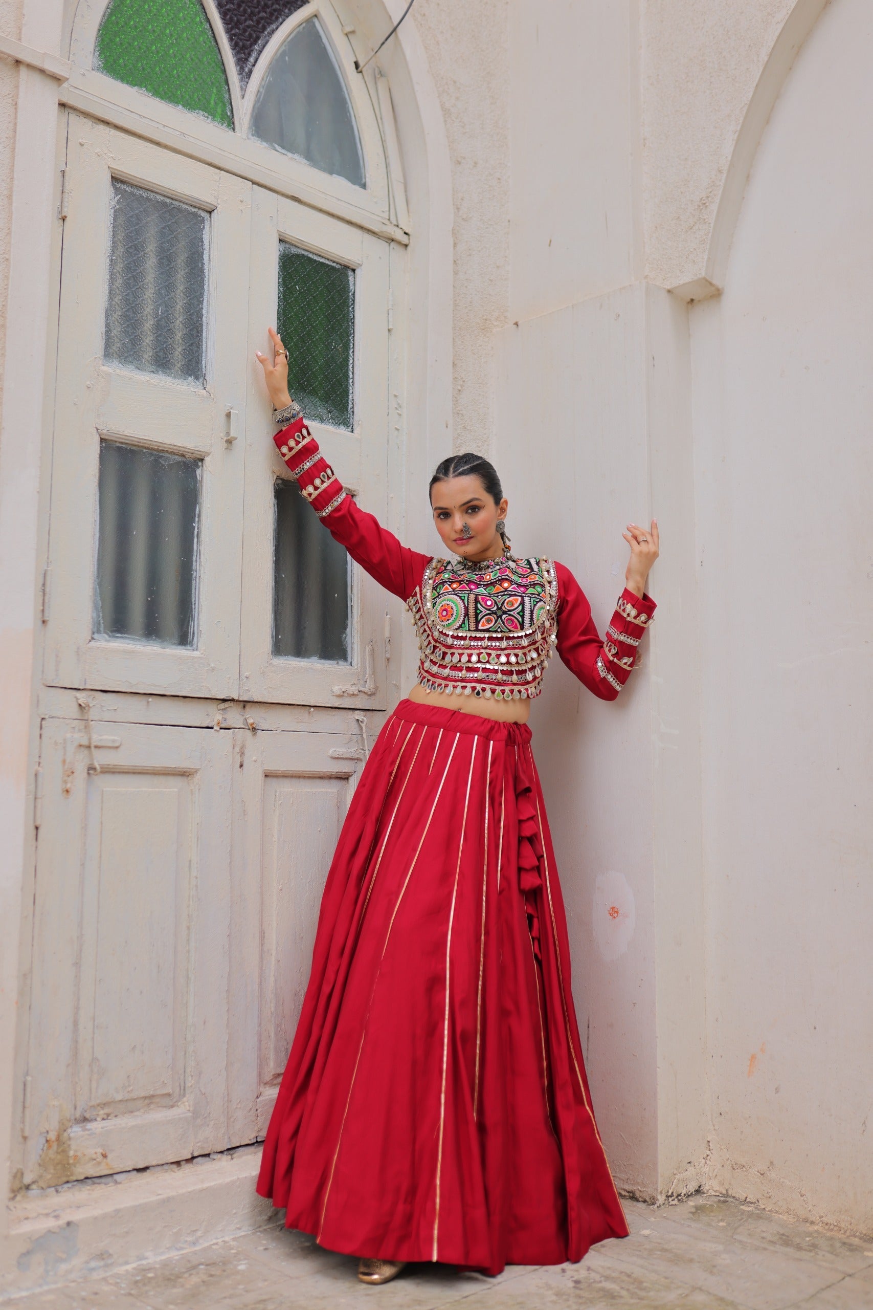 Prazu Fashion Maroon Roman Kutchi Gamthi Embroidered Work Lehenga For Navratri | Grocsy