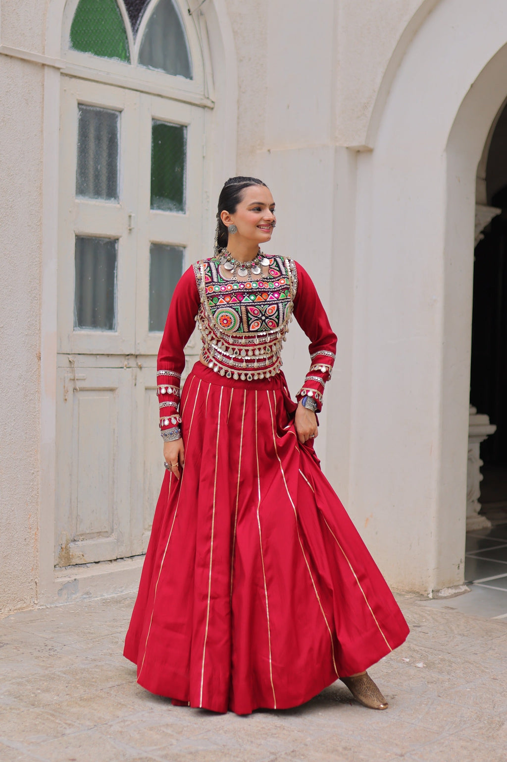 Prazu Fashion Maroon Roman Kutchi Gamthi Embroidered Work Lehenga For Navratri | Grocsy