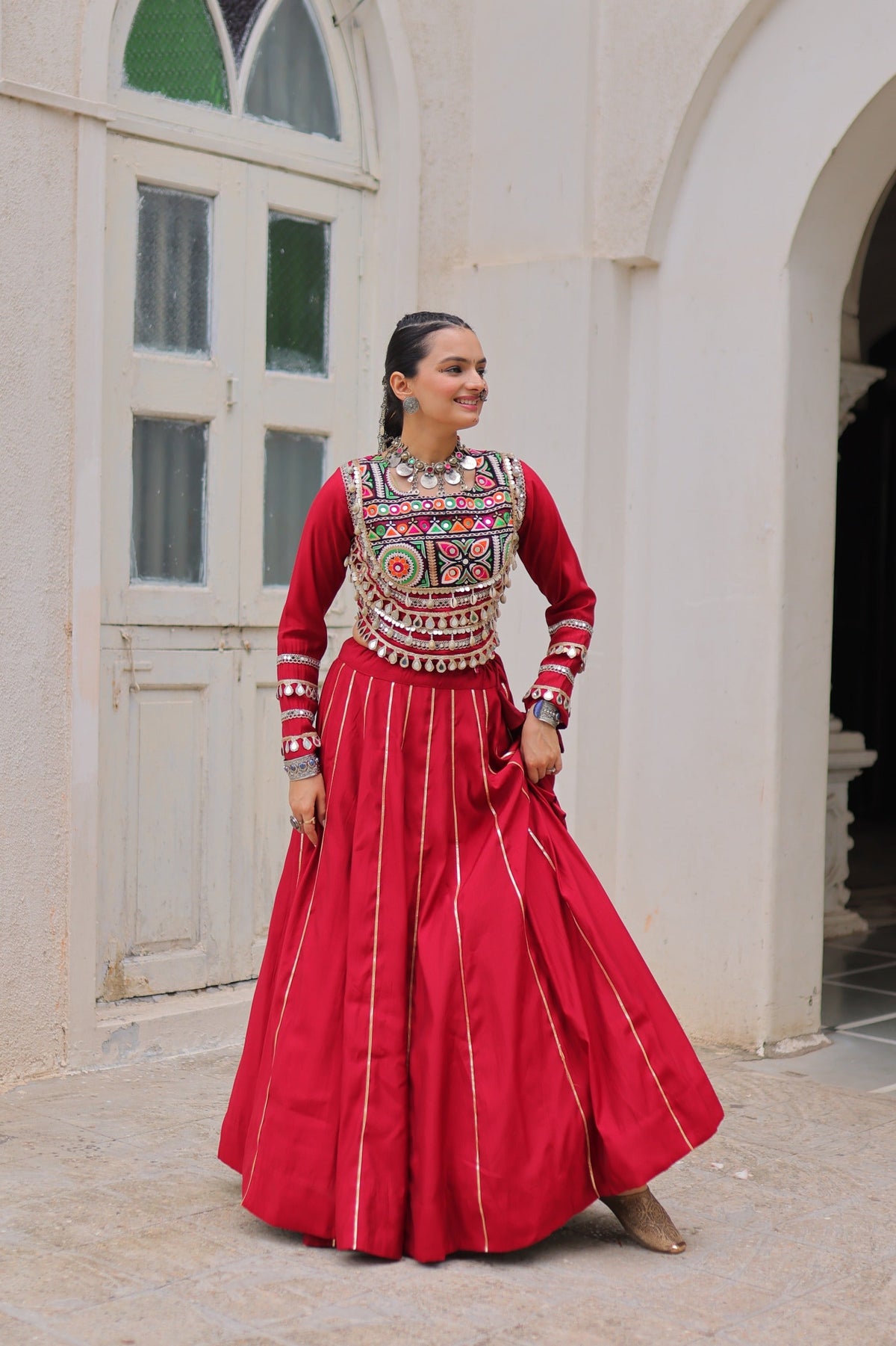 Prazu Fashion Maroon Roman Kutchi Gamthi Embroidered Work Lehenga For Navratri | Grocsy