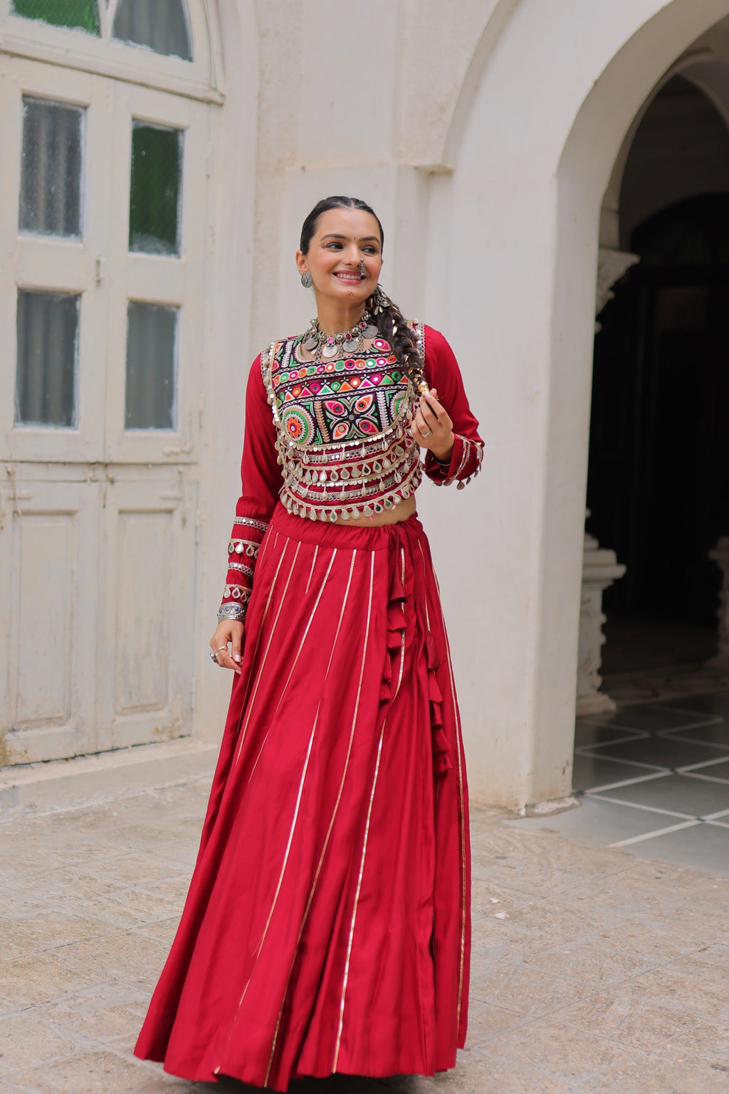 Prazu Fashion Maroon Roman Kutchi Gamthi Embroidered Work Lehenga For Navratri | Grocsy