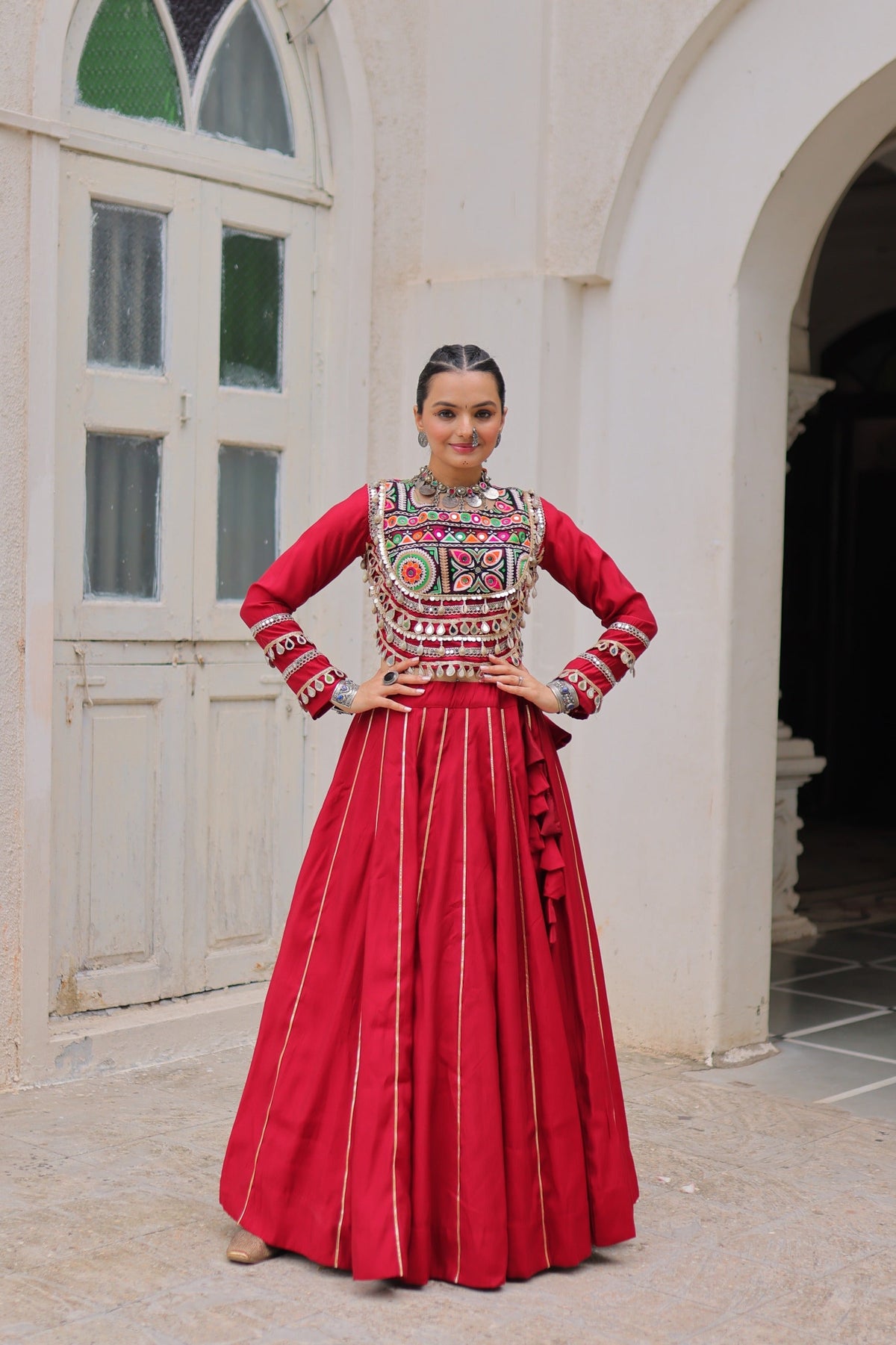 Prazu Fashion Maroon Roman Kutchi Gamthi Embroidered Work Lehenga For Navratri | Grocsy