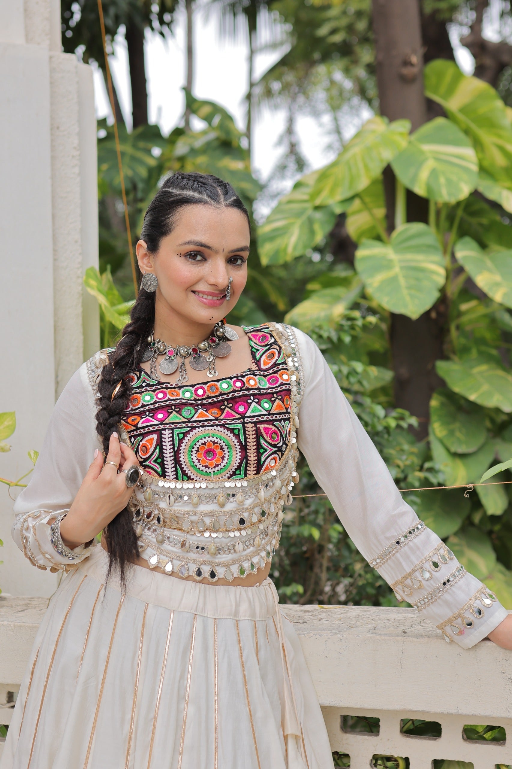Prazu Fashion Off White Roman Kutchi Gamthi Embroidered Work Lehenga For Navratri | Grocsy
