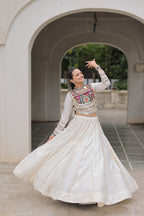 Prazu Fashion Off White Roman Kutchi Gamthi Embroidered Work Lehenga For Navratri | Grocsy