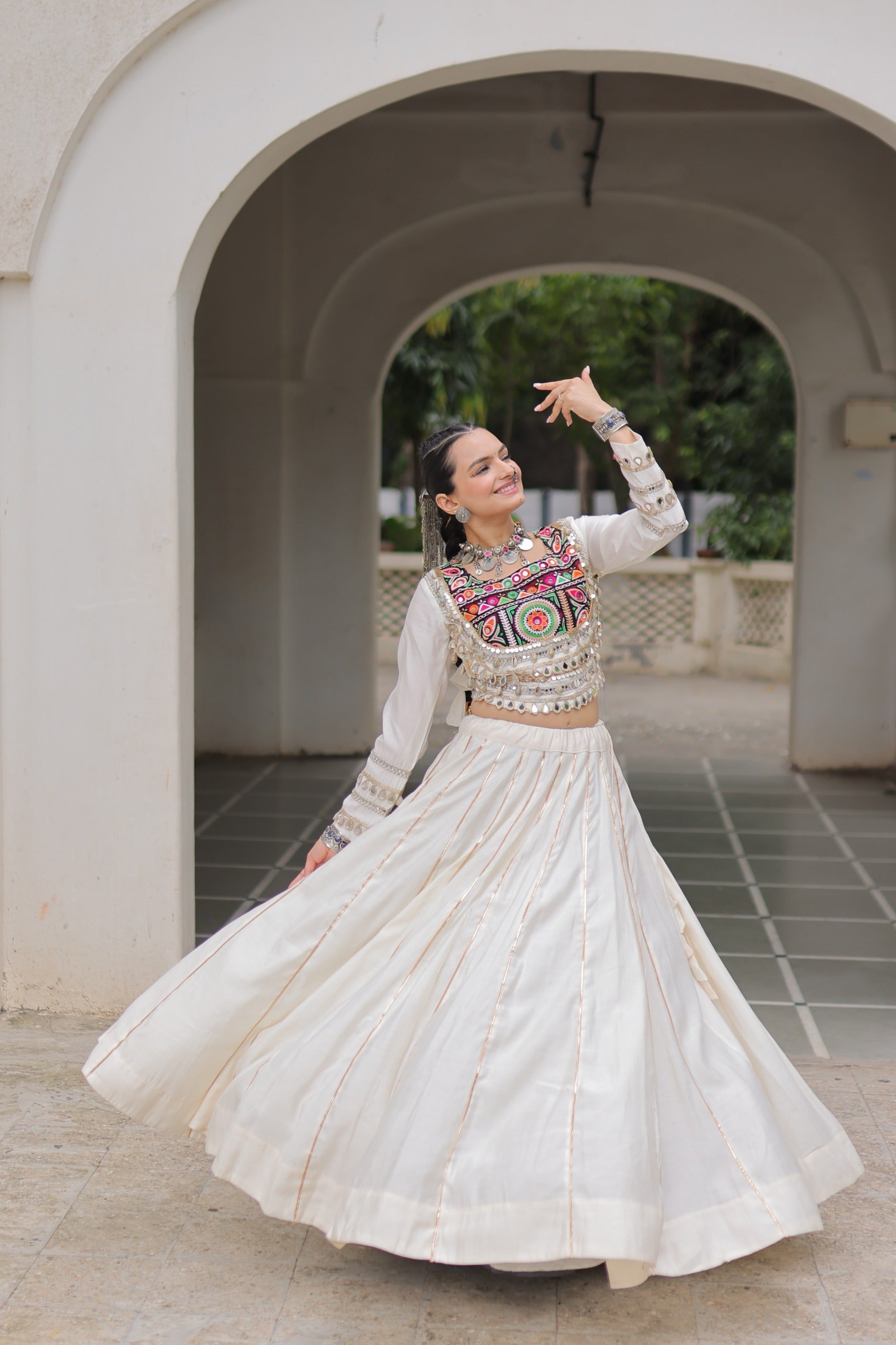 Prazu Fashion Off White Roman Kutchi Gamthi Embroidered Work Lehenga For Navratri | Grocsy