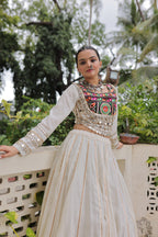 Prazu Fashion Off White Roman Kutchi Gamthi Embroidered Work Lehenga For Navratri | Grocsy