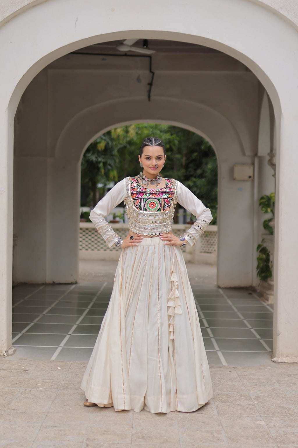 Prazu Fashion Off White Roman Kutchi Gamthi Embroidered Work Lehenga For Navratri | Grocsy