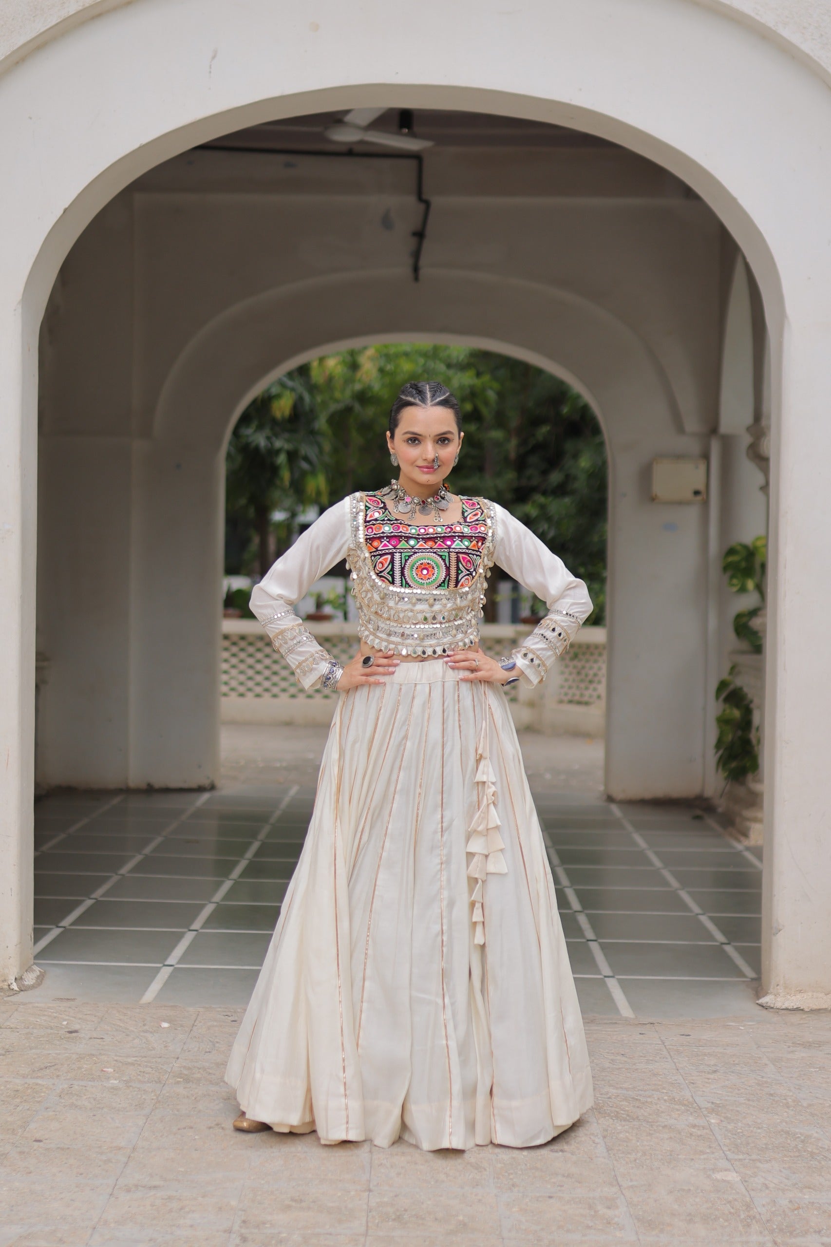 Prazu Fashion Off White Roman Kutchi Gamthi Embroidered Work Lehenga For Navratri | Grocsy