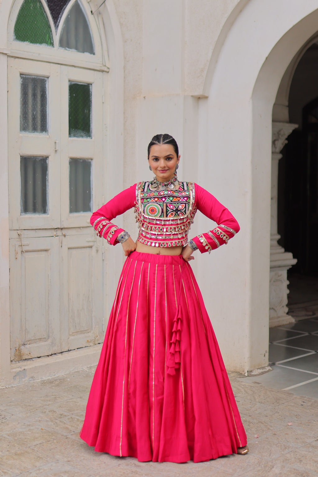 Prazu Fashion Pink Roman Kutchi Gamthi Embroidered Work Lehenga For Navratri | Grocsy