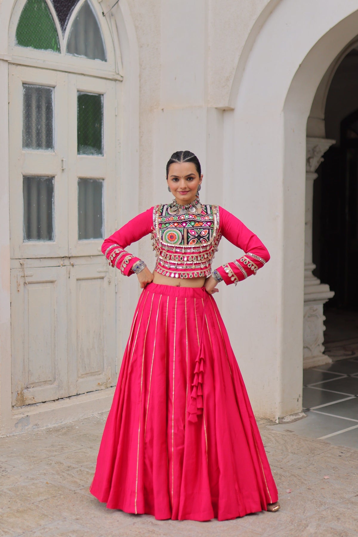 Prazu Fashion Pink Roman Kutchi Gamthi Embroidered Work Lehenga For Navratri | Grocsy