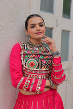 Prazu Fashion Pink Roman Kutchi Gamthi Embroidered Work Lehenga For Navratri | Grocsy