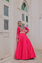 Prazu Fashion Pink Roman Kutchi Gamthi Embroidered Work Lehenga For Navratri | Grocsy