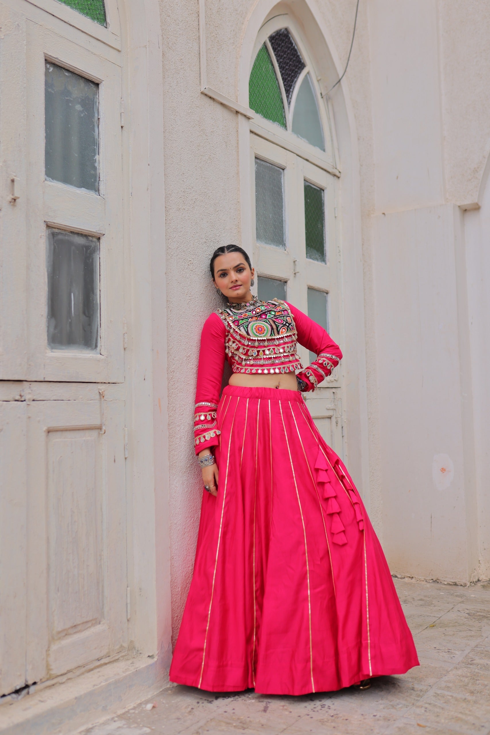 Prazu Fashion Pink Roman Kutchi Gamthi Embroidered Work Lehenga For Navratri | Grocsy