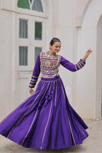 Prazu Fashion Purple Roman Kutchi Gamthi Embroidered Work Lehenga For Navratri | Grocsy