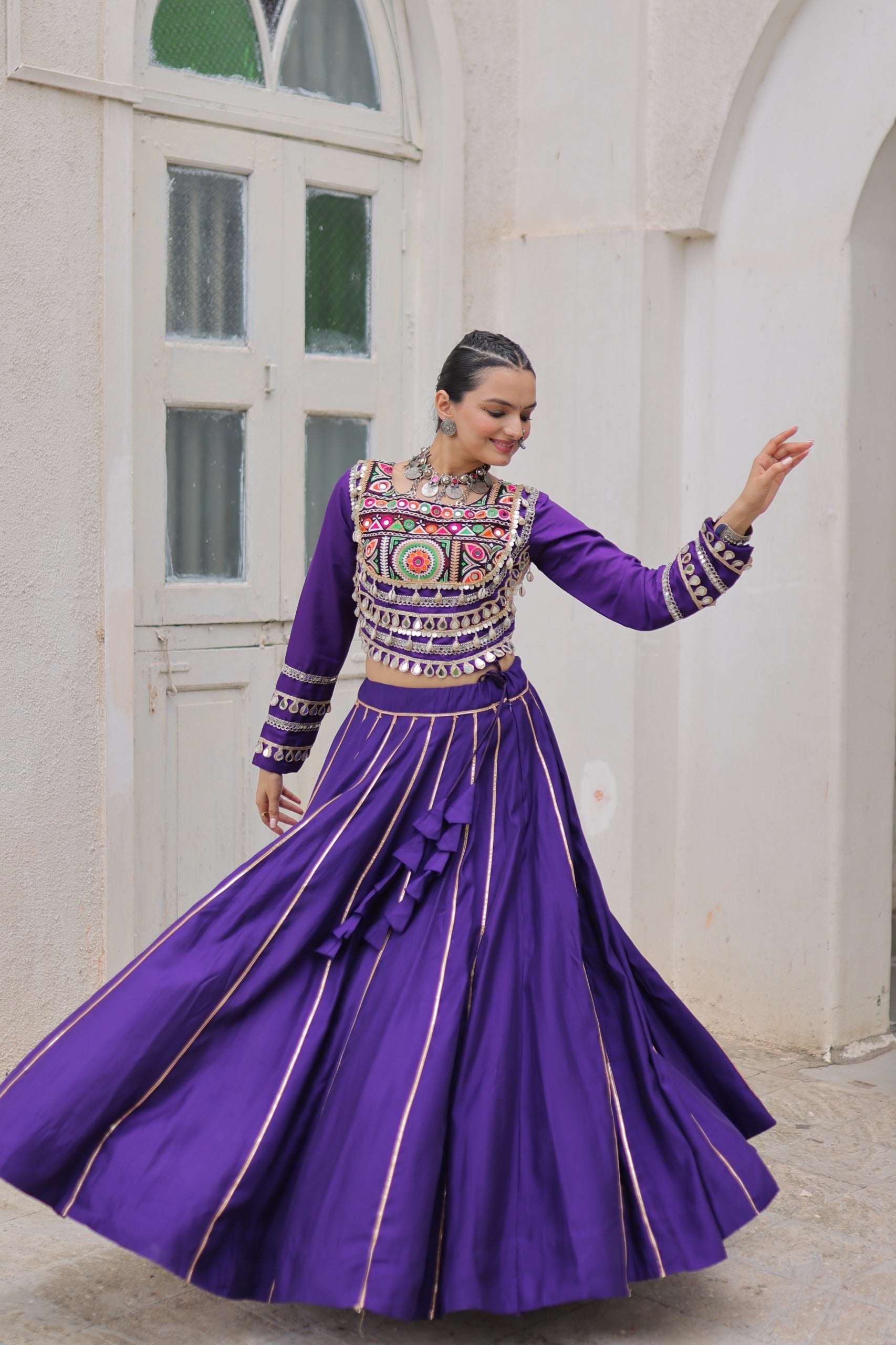 Prazu Fashion Purple Roman Kutchi Gamthi Embroidered Work Lehenga For Navratri | Grocsy