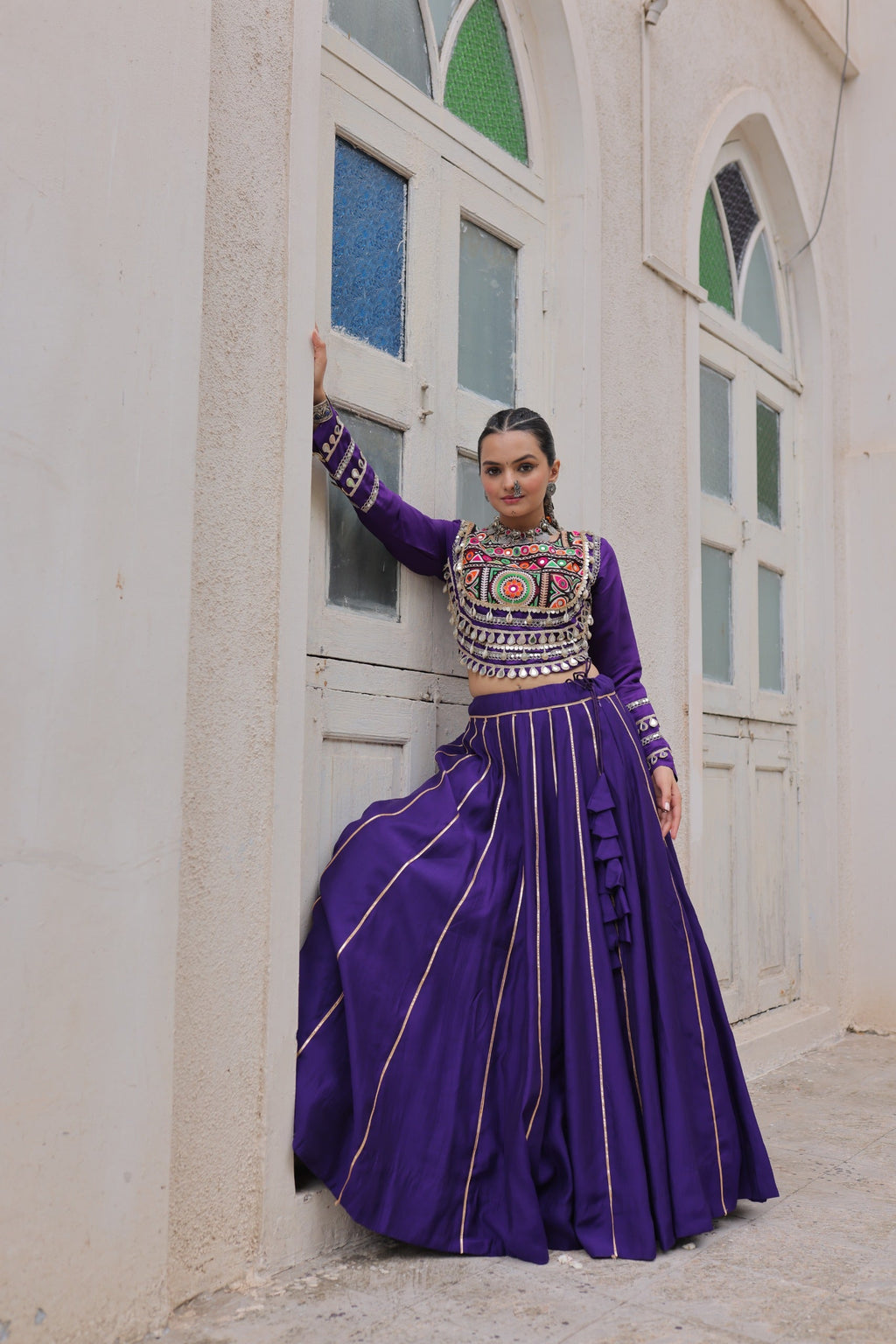 Prazu Fashion Purple Roman Kutchi Gamthi Embroidered Work Lehenga For Navratri | Grocsy