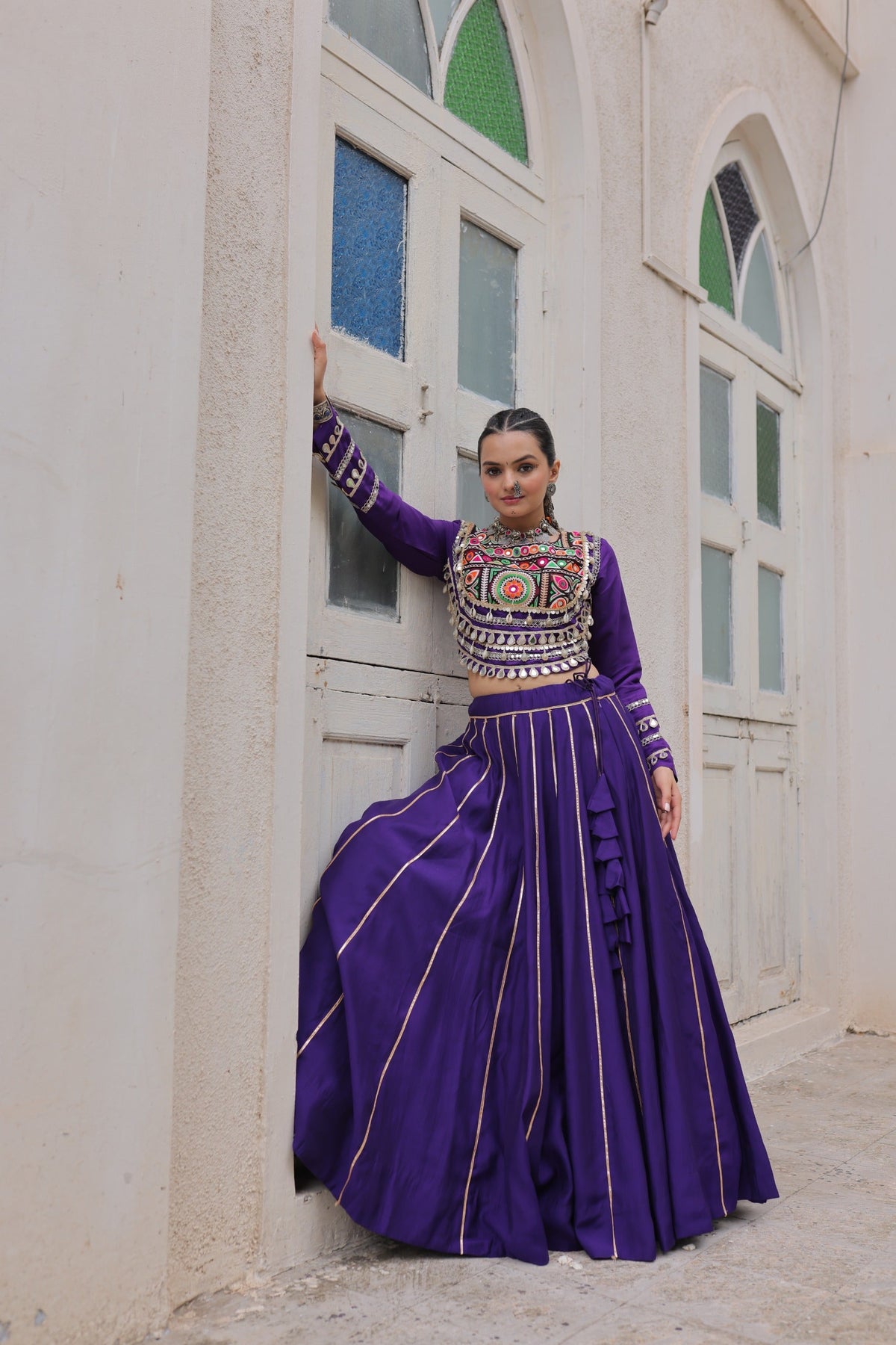 Prazu Fashion Purple Roman Kutchi Gamthi Embroidered Work Lehenga For Navratri | Grocsy