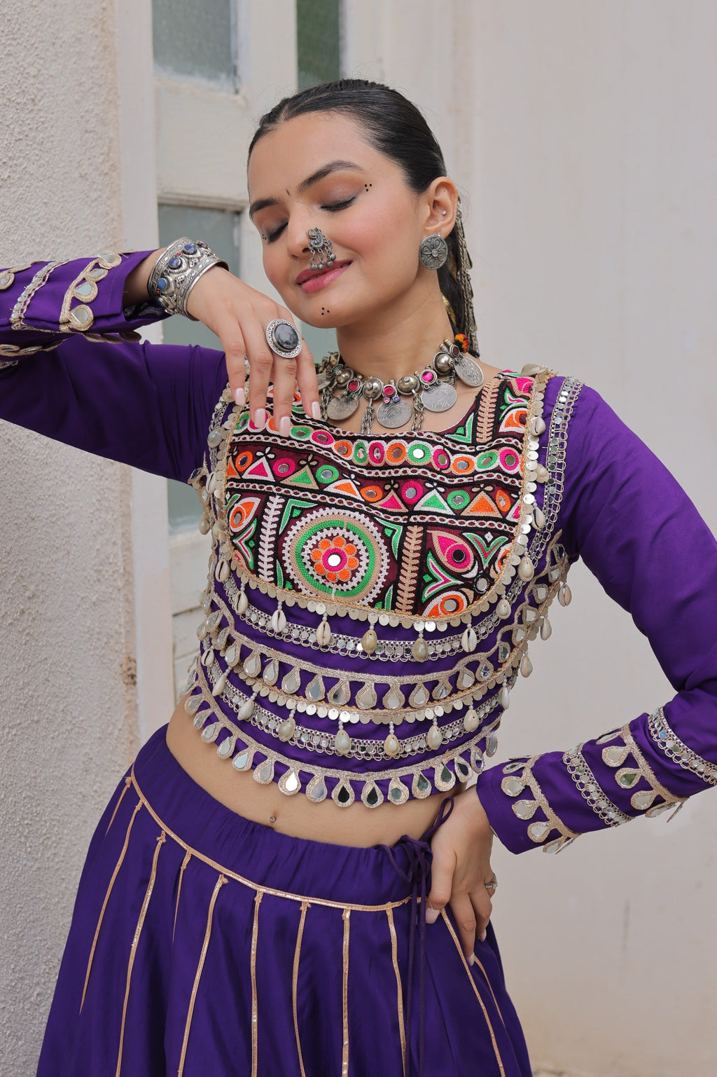 Prazu Fashion Purple Roman Kutchi Gamthi Embroidered Work Lehenga For Navratri | Grocsy