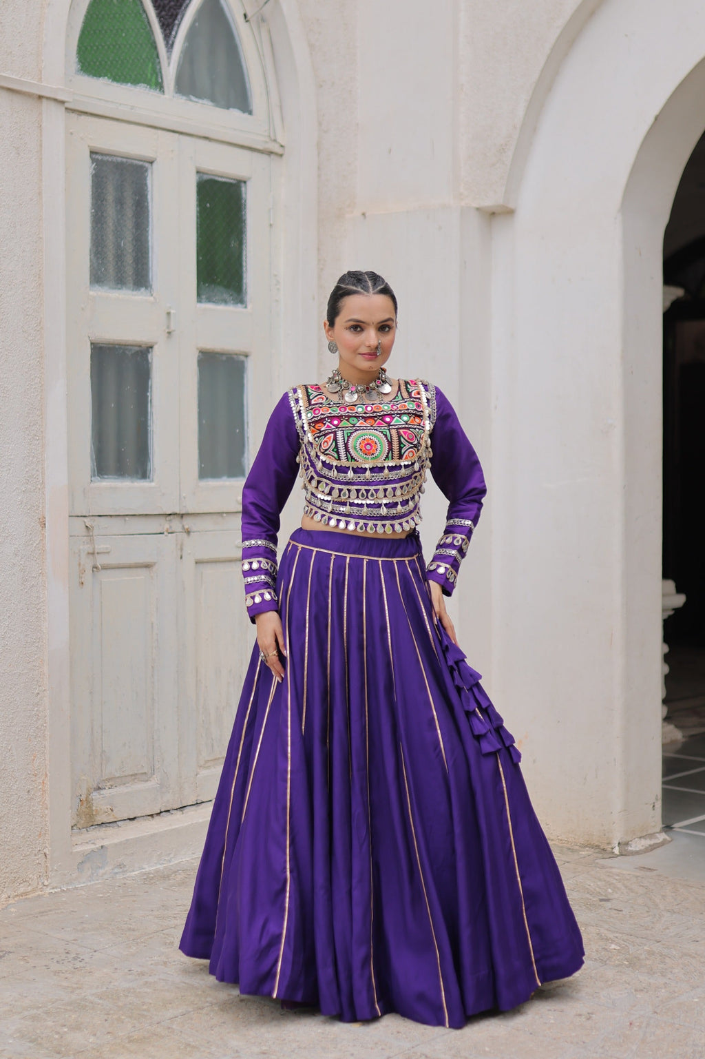 Prazu Fashion Purple Roman Kutchi Gamthi Embroidered Work Lehenga For Navratri | Grocsy