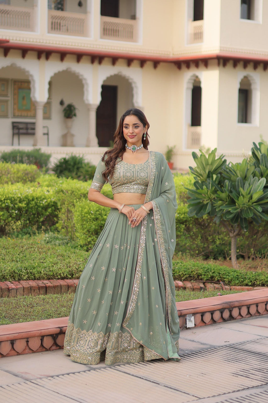 Prazu Fashion Olive Green Georgette With Sequins & Zari Multi Embroidered Lehenga | Grocsy