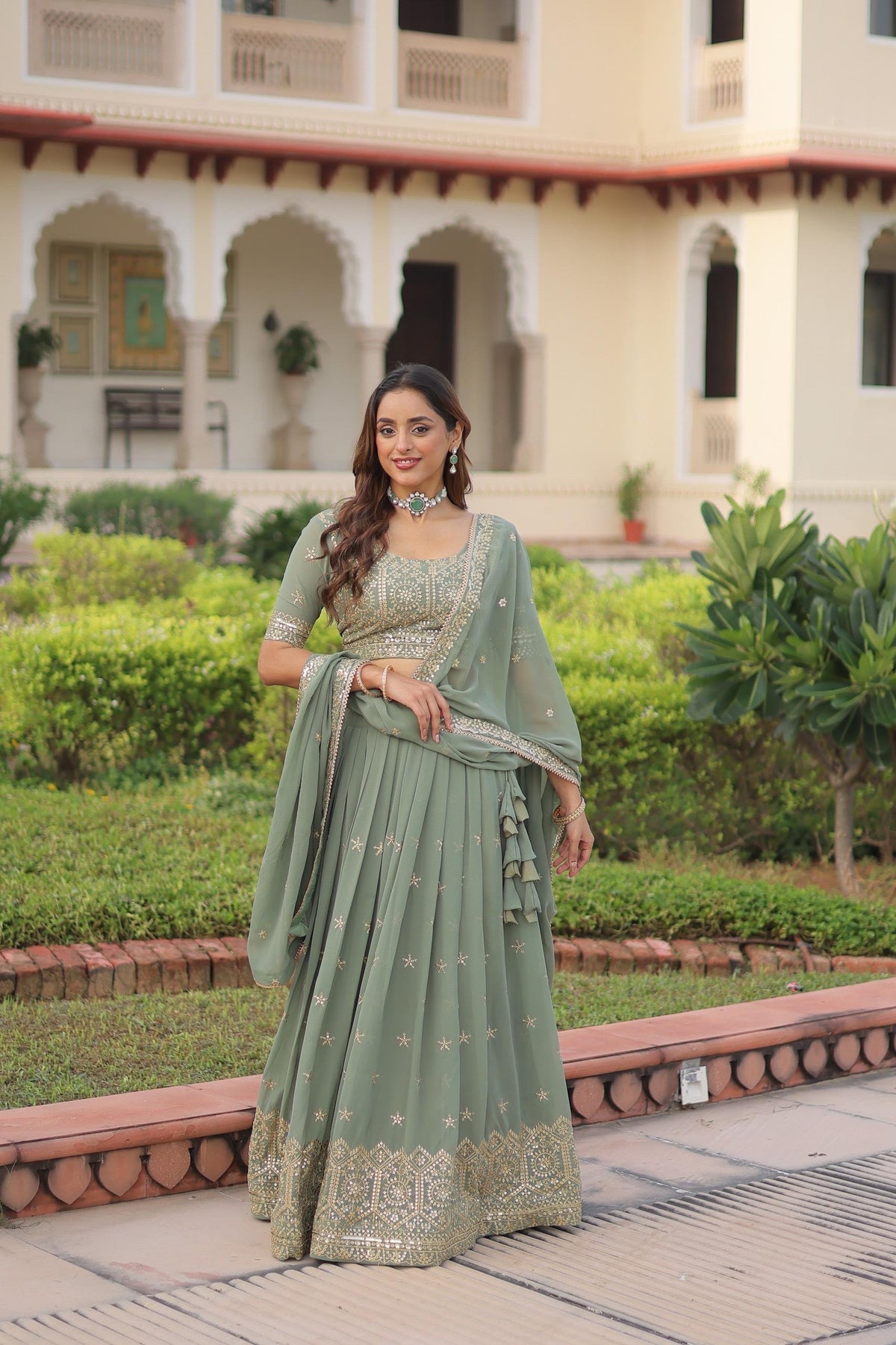 Prazu Fashion Olive Green Georgette With Sequins & Zari Multi Embroidered Lehenga | Grocsy