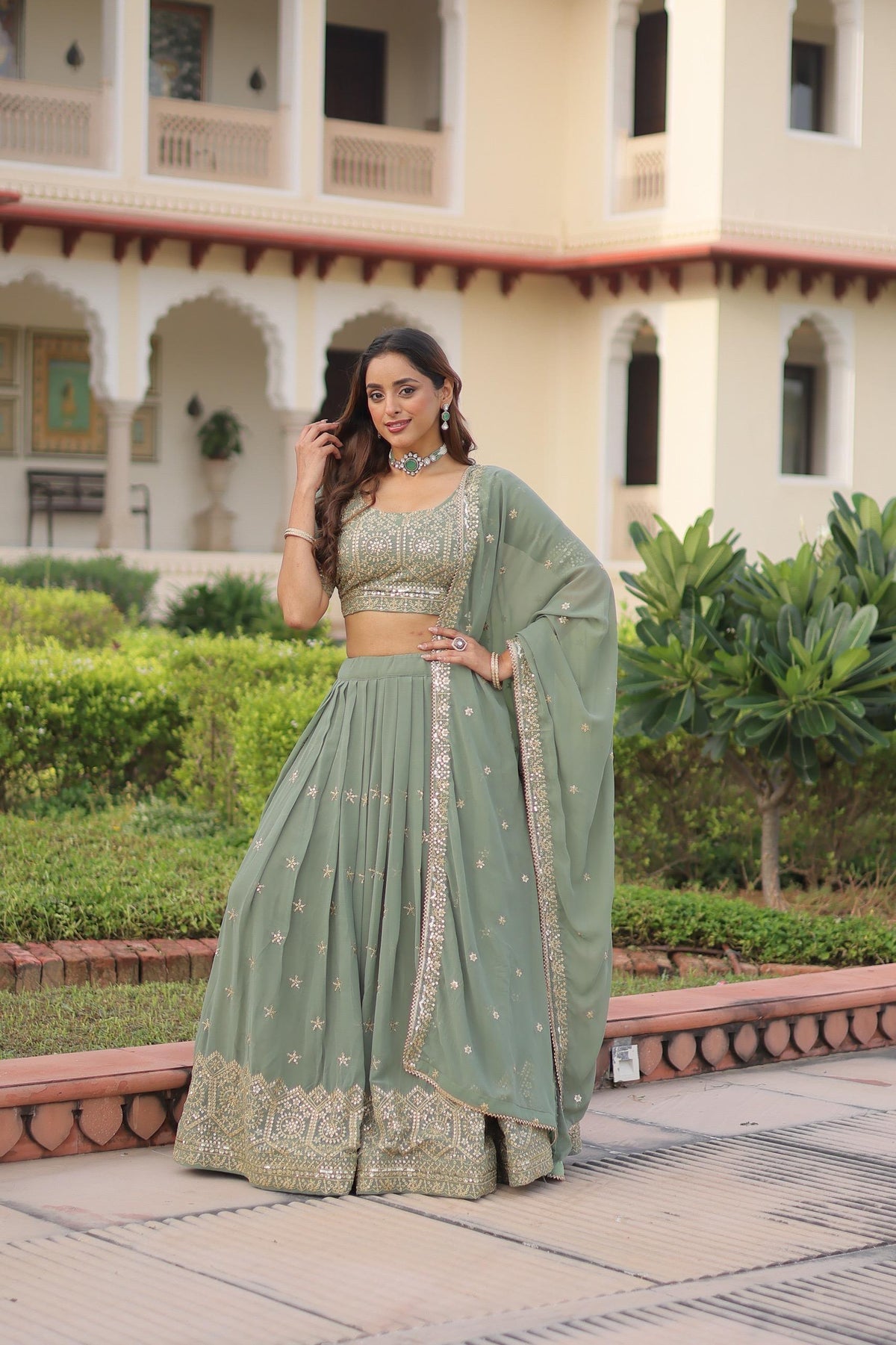 Prazu Fashion Olive Green Georgette With Sequins & Zari Multi Embroidered Lehenga | Grocsy