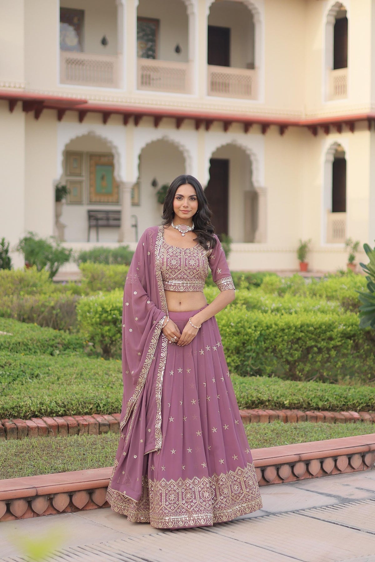 Prazu Fashion Onion Pink Georgette With Sequins & Zari Multi Embroidered Lehenga | Grocsy