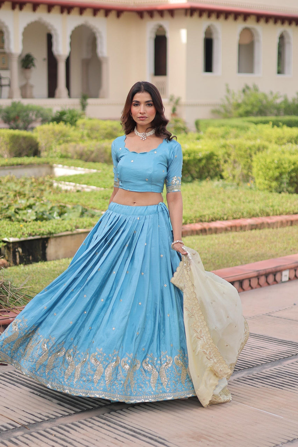 Prazu Fashion Sky Blue Gold Crush With Sequins & Zari Embroidered Work Lehenga | Grocsy
