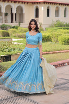 Prazu Fashion Sky Blue Gold Crush With Sequins & Zari Embroidered Work Lehenga | Grocsy