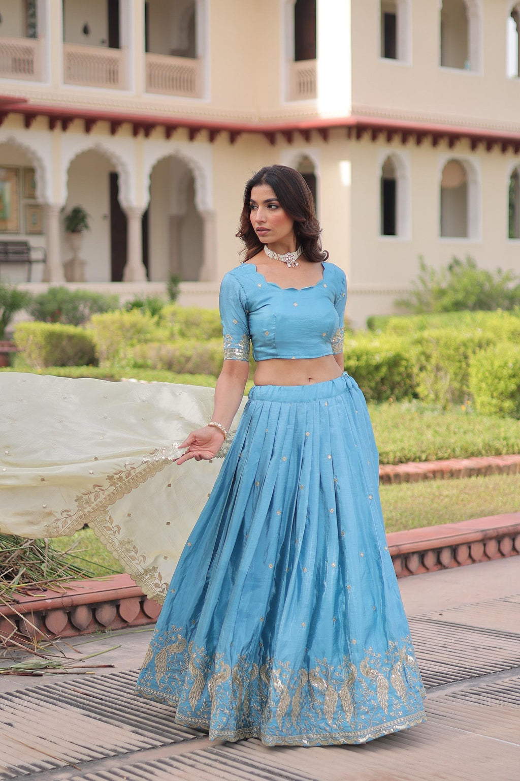 Prazu Fashion Sky Blue Gold Crush With Sequins & Zari Embroidered Work Lehenga | Grocsy