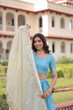 Prazu Fashion Sky Blue Gold Crush With Sequins & Zari Embroidered Work Lehenga | Grocsy