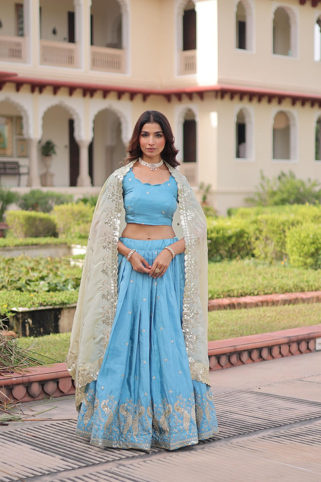Prazu Fashion Sky Blue Gold Crush With Sequins & Zari Embroidered Work Lehenga | Grocsy