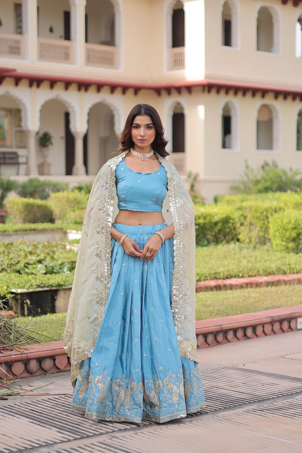 Prazu Fashion Sky Blue Gold Crush With Sequins & Zari Embroidered Work Lehenga | Grocsy