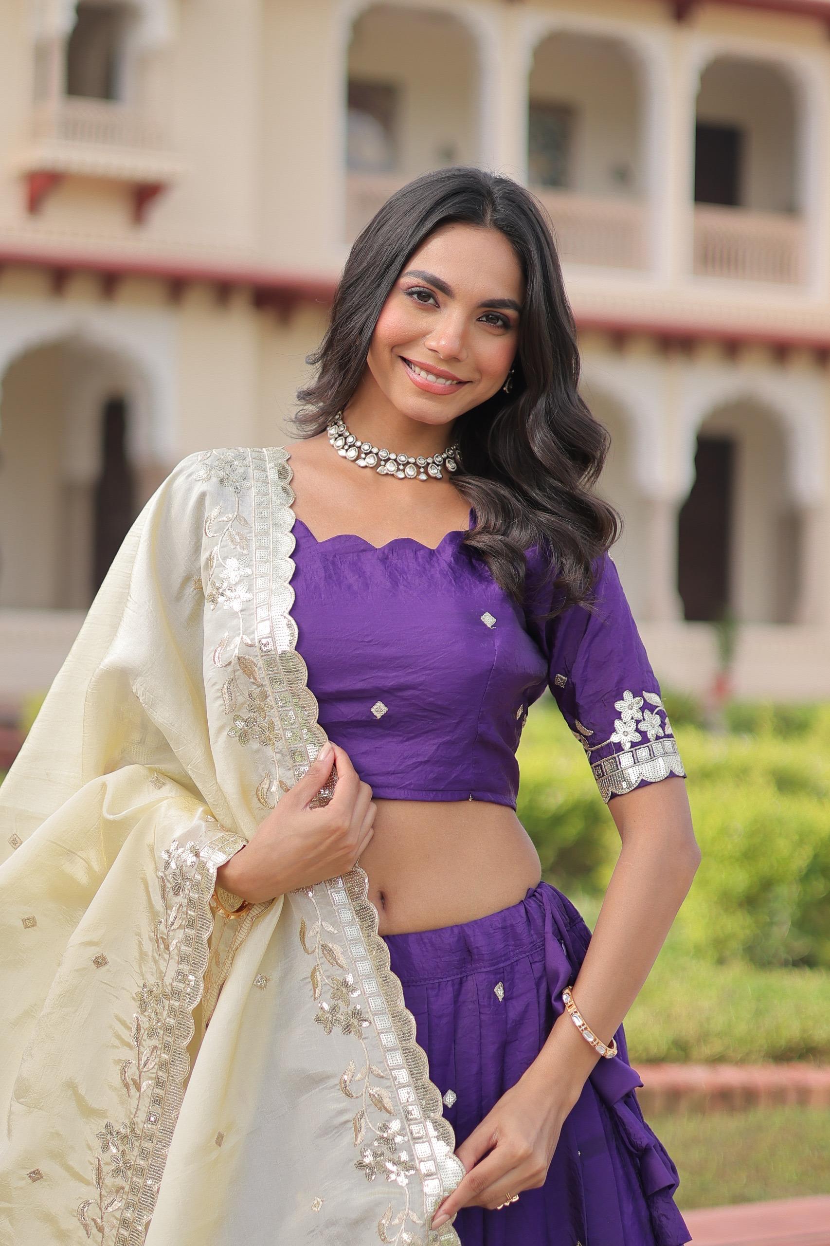 Prazu Fashion Violet Gold Crush With Sequins & Zari Embroidered Work Lehenga | Grocsy