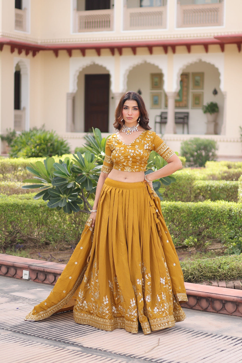 Prazu Fashion Mustard Vichitra Silk With Heavy Sequins & Zari Embroidered Lehenga | Grocsy