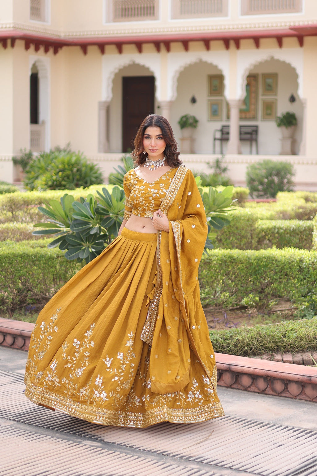 Prazu Fashion Mustard Vichitra Silk With Heavy Sequins & Zari Embroidered Lehenga | Grocsy