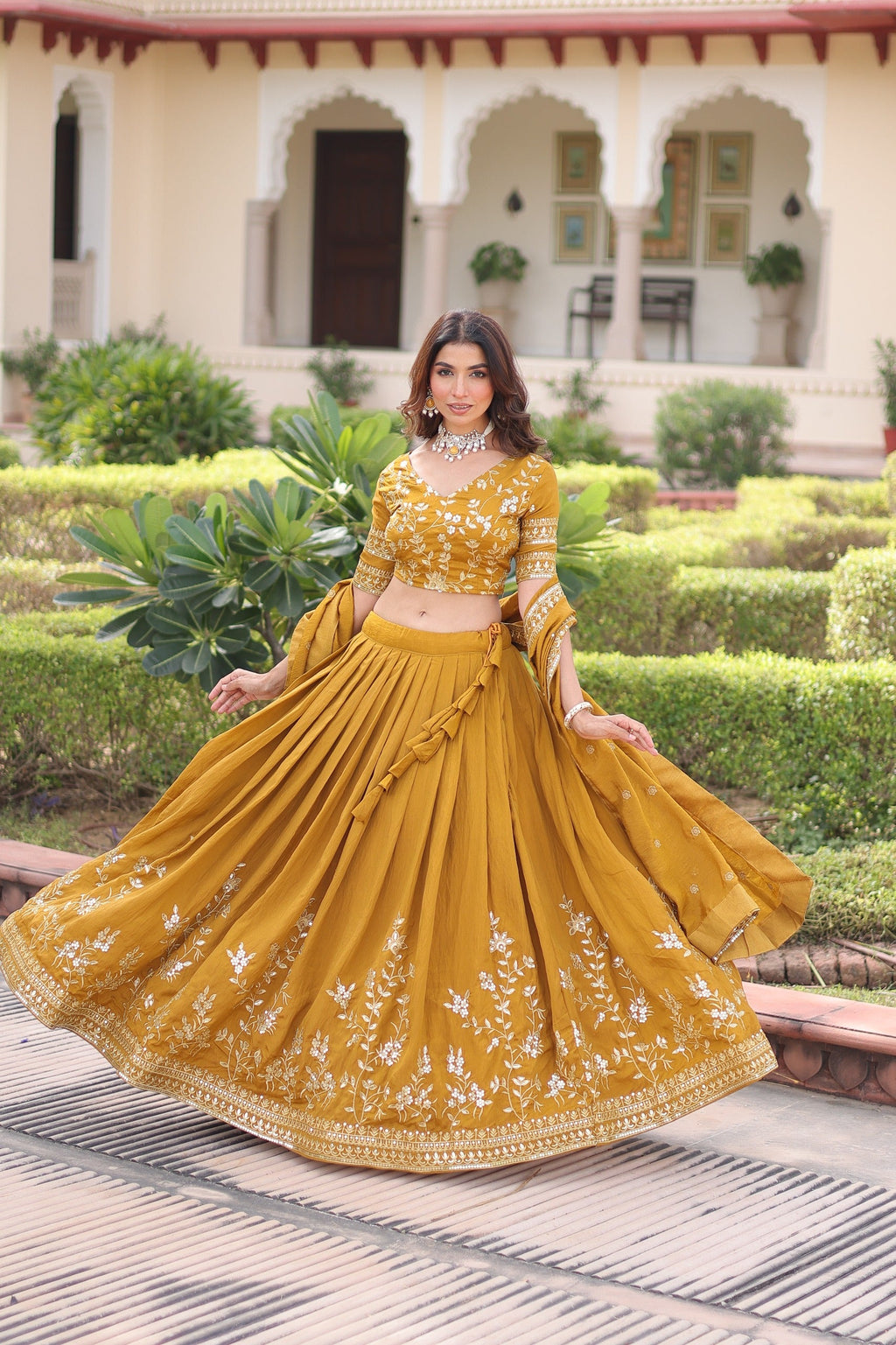 Prazu Fashion Mustard Vichitra Silk With Heavy Sequins & Zari Embroidered Lehenga | Grocsy