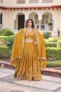 Prazu Fashion Mustard Vichitra Silk With Heavy Sequins & Zari Embroidered Lehenga | Grocsy