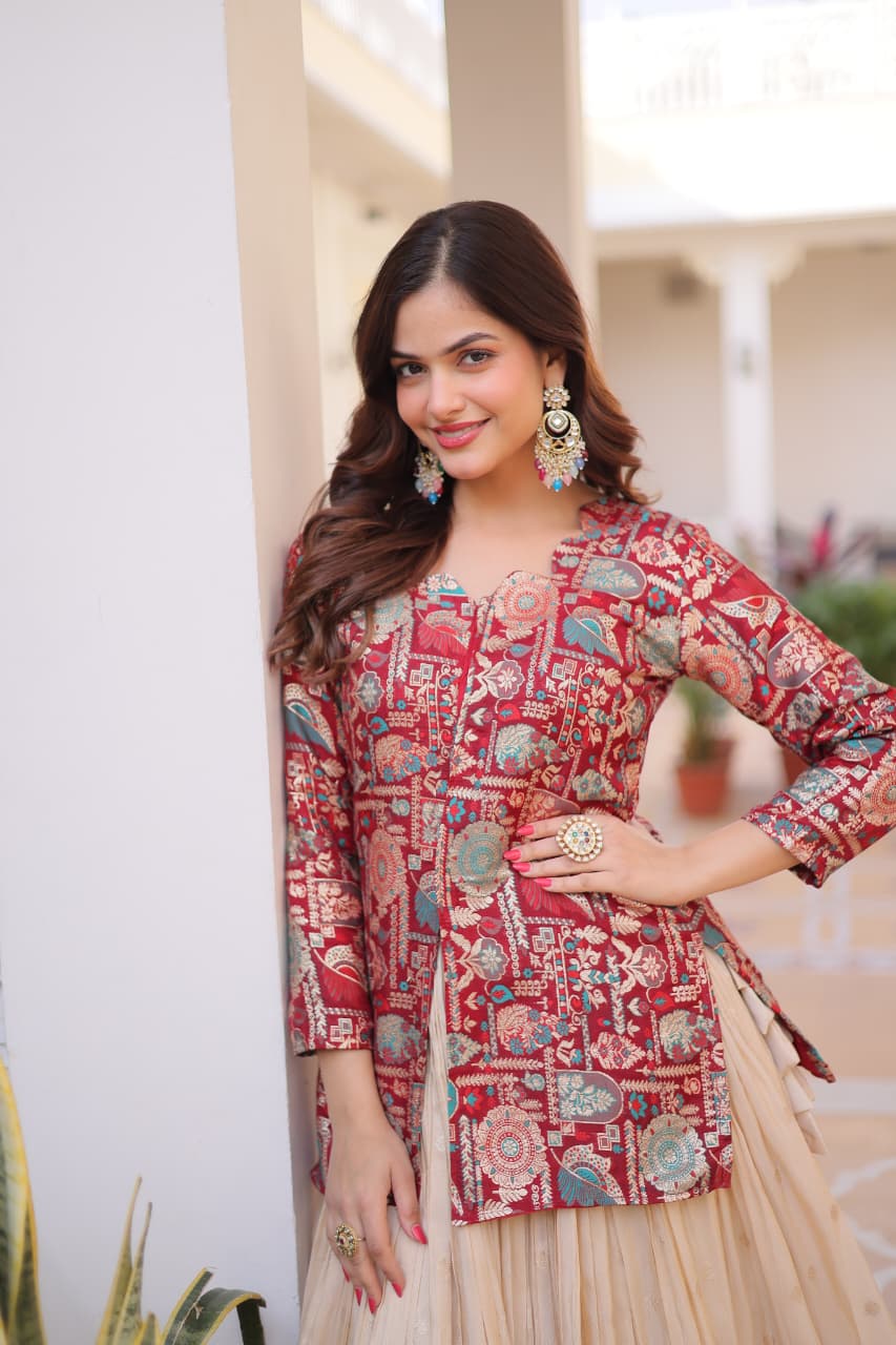 Prazu Fashion Maroon Cosmos Weaving Jacquard Designer Lehenga | Grocsy