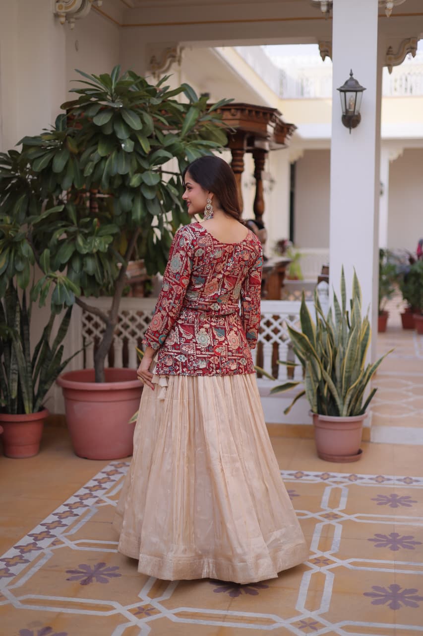 Prazu Fashion Maroon Cosmos Weaving Jacquard Designer Lehenga | Grocsy