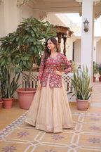 Prazu Fashion Maroon Cosmos Weaving Jacquard Designer Lehenga | Grocsy