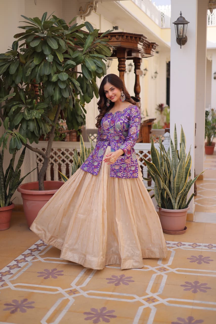 Prazu Fashion Purple Cosmos Weaving Jacquard Designer Lehenga | Grocsy