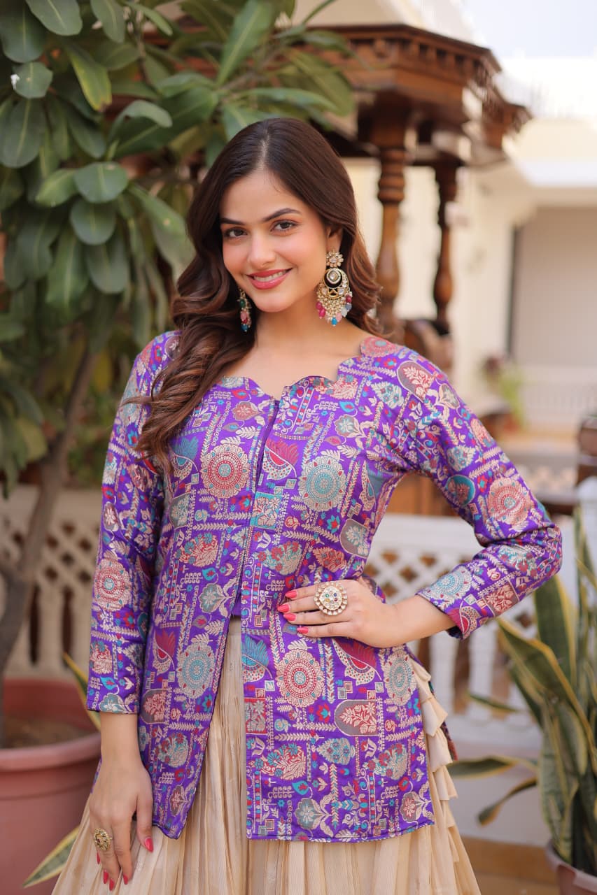 Prazu Fashion Purple Cosmos Weaving Jacquard Designer Lehenga | Grocsy