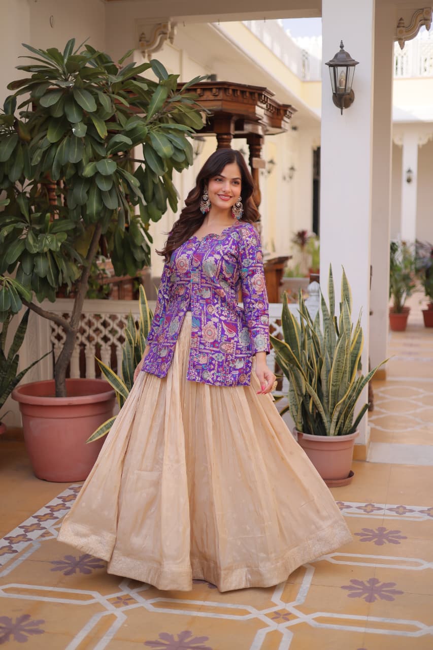 Prazu Fashion Purple Cosmos Weaving Jacquard Designer Lehenga | Grocsy