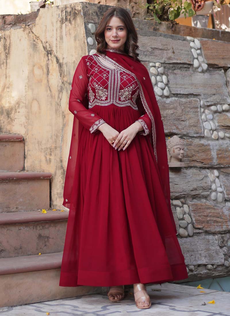 Prazu Fashion Maroon Georgette Embroidered Sequence Gown With Dupatta | Grocsy