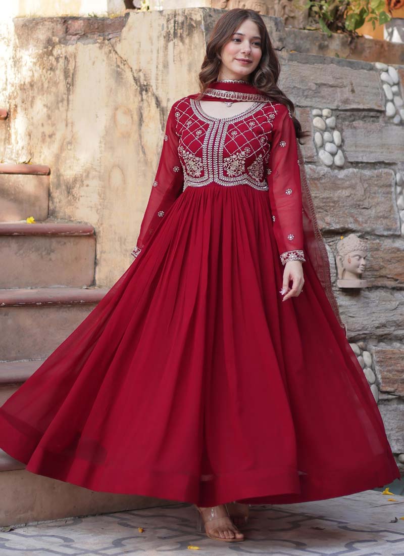 Prazu Fashion Maroon Georgette Embroidered Sequence Gown With Dupatta | Grocsy